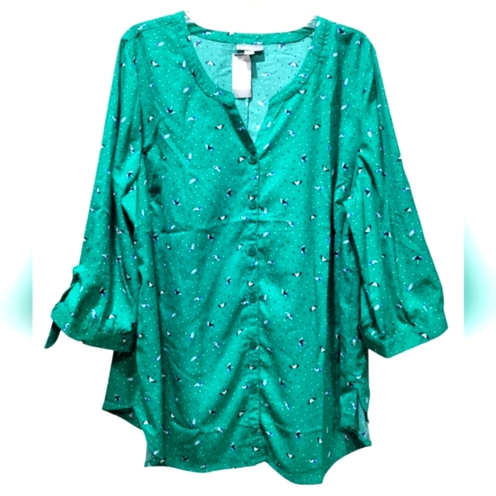 NWT 1X Catherines Georgette Button Down Tie Sleeve Blouse - Picture 2 of 6